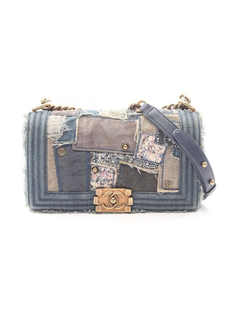 Chanel Shoulder Bag Patchwork Denim Blue Chain